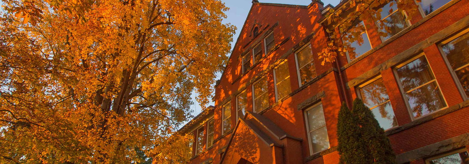 Building during the fall including trees with orange leaves.