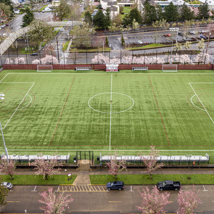 A drone's-eye view of the soccer field at Willamette University in Salem.