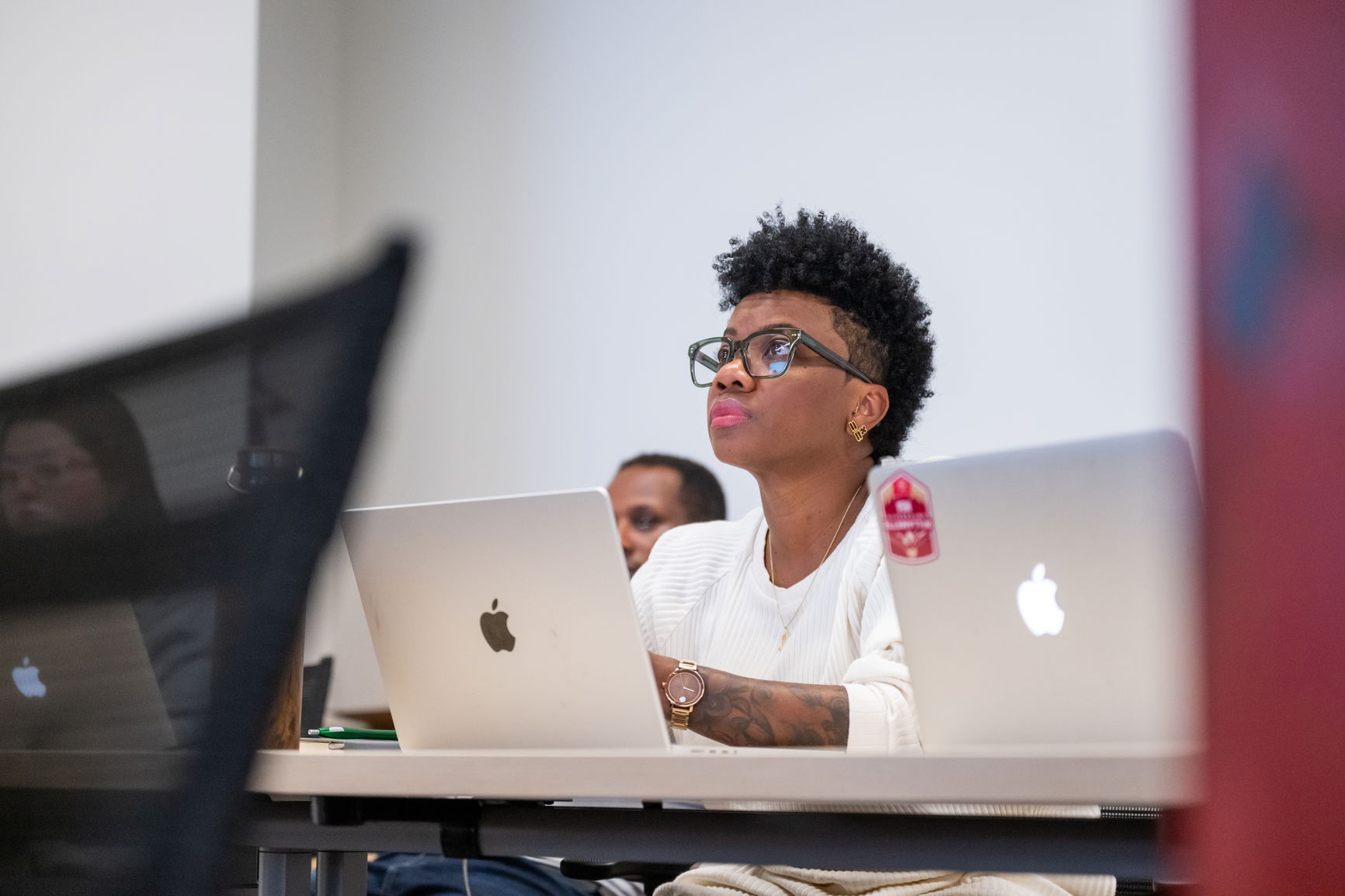 Student looking up in class. 