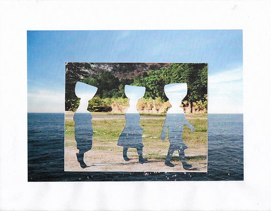 Artwork depicting an image of an ocean, with an image of a park over it, with cutouts of humans walking that shows the ocean.