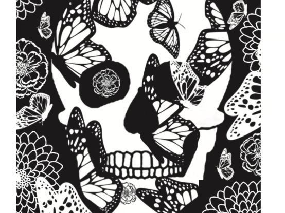 A black and white illustration of a skill covered and surrounded by butterflies and flowers.