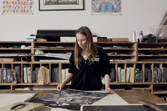 A student working in the print studio. 