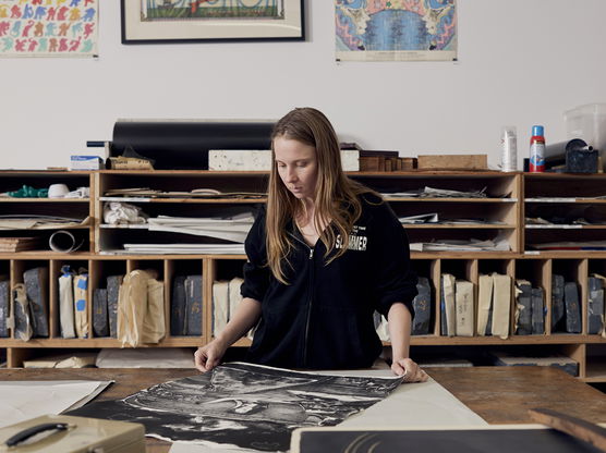 A student working in the print studio. 