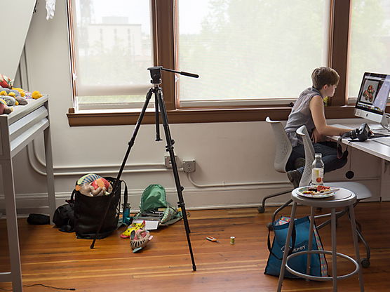 A student working on a computer in a well-lit room