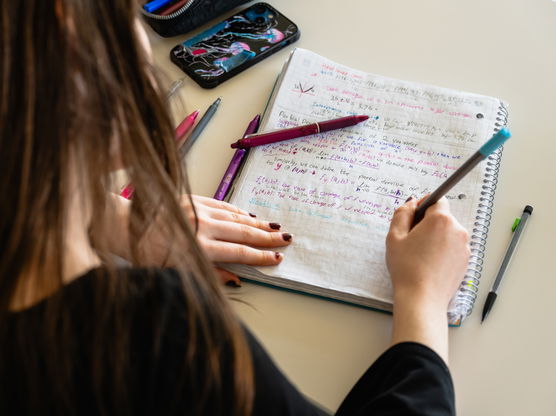 an over the shoulder shot of a person's hand writing in a notebook