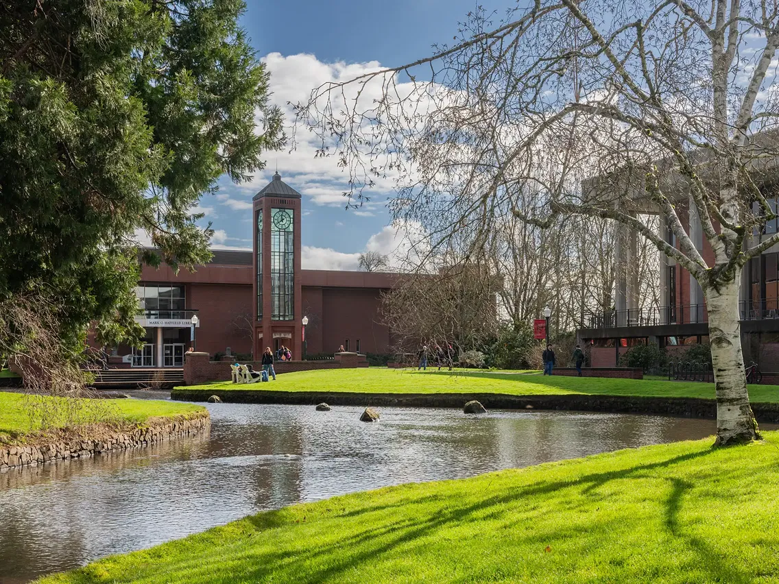 Willamette's Mill Stream and the Hatfield Library clock tower