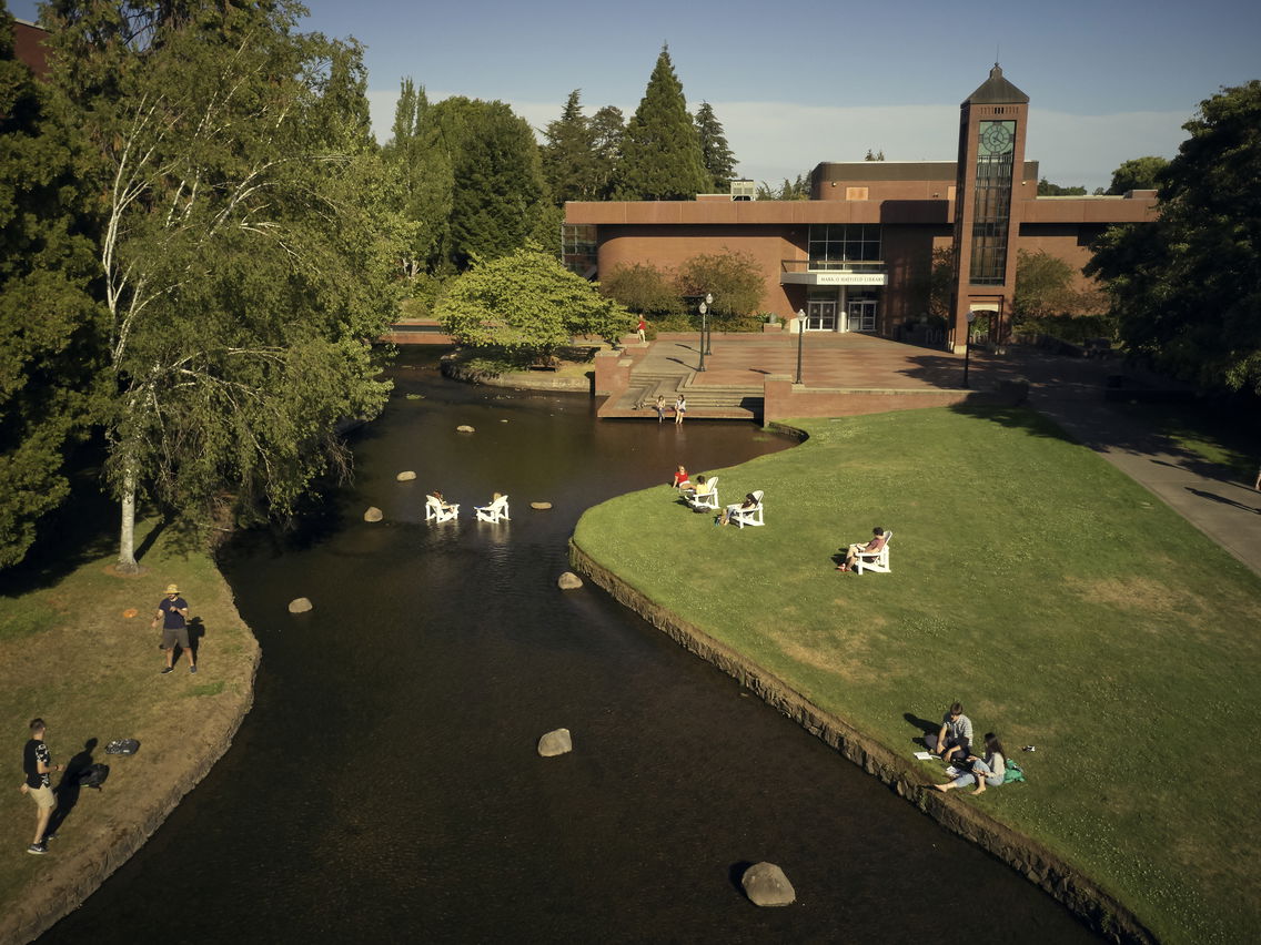 Drone shot of the Mill Stream on Willamette University's campus