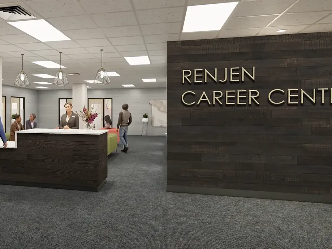 An architectural rendering of the Renjen Career Center interior.
