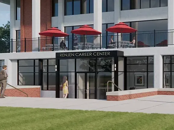 An architectural rendering of the Renjen Career Center exterior.