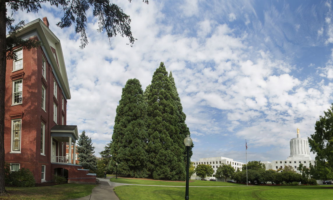 Pan shot of Willamette University including Waller Hall and the Capitol