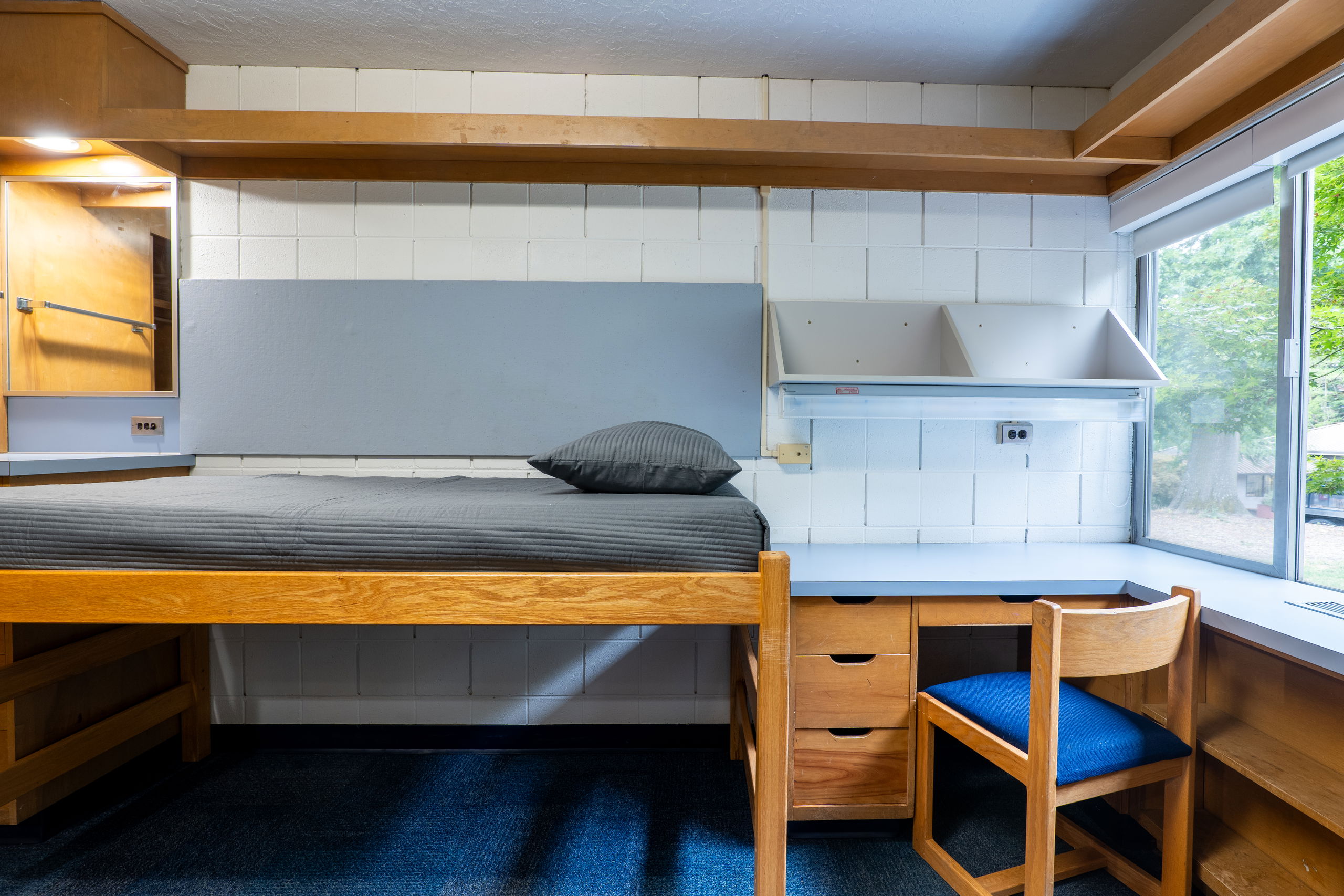 One side of a double room with a desk, bed, shelves, and chair