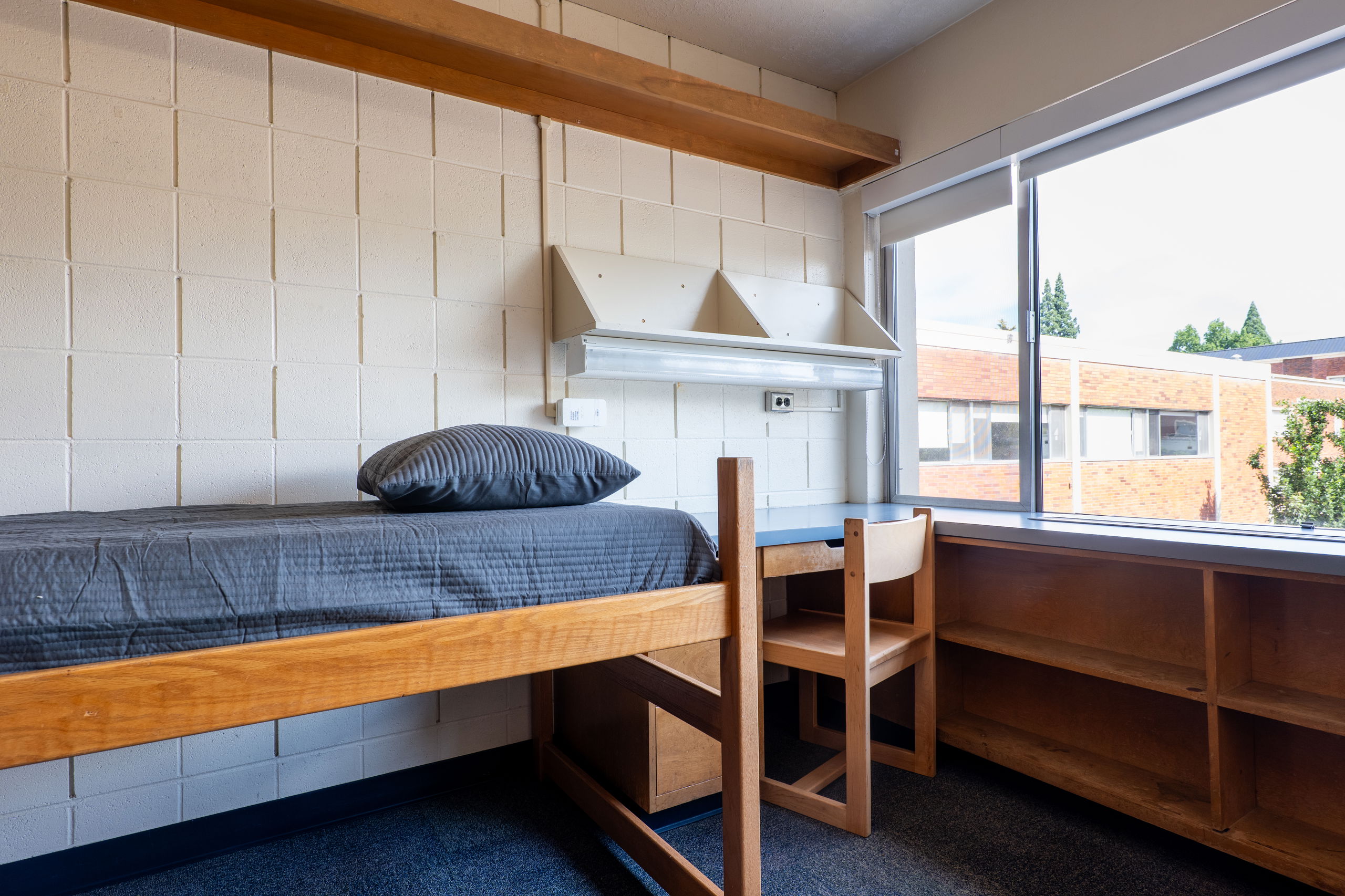 One side of a double room with a desk, bed, shelves, and chair