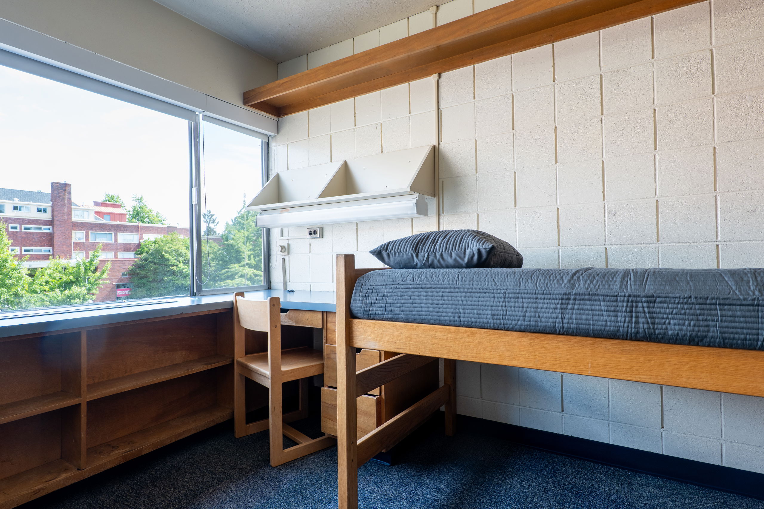 One side of a double room with a desk, bed, shelves, and chair