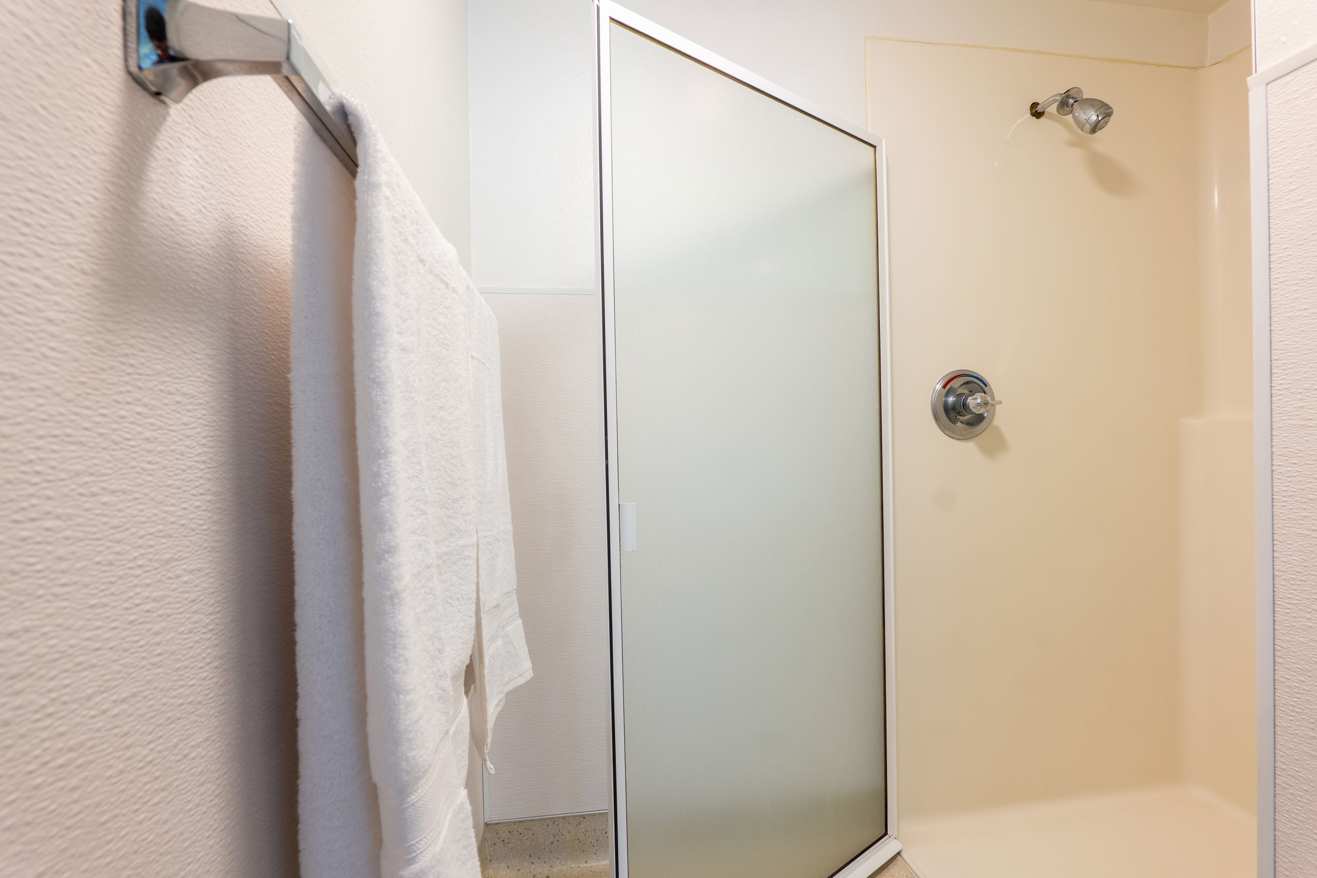 Bathroom standing shower with glass door and towel racks