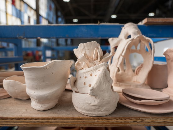 Several rough pieces of pottery sit on a shelf in the PNCA ceramic studio