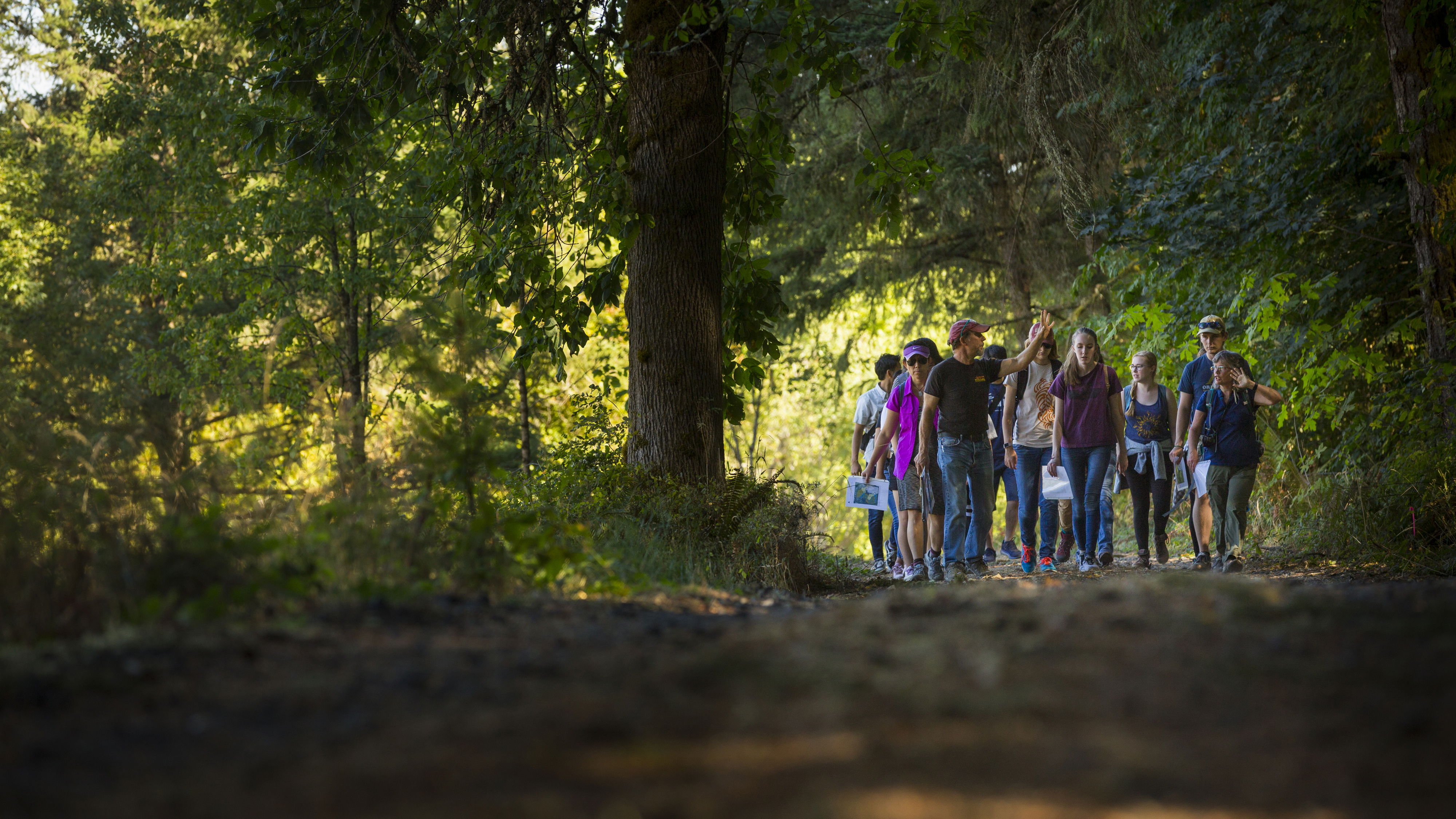 Students and families walking in Zena Forest