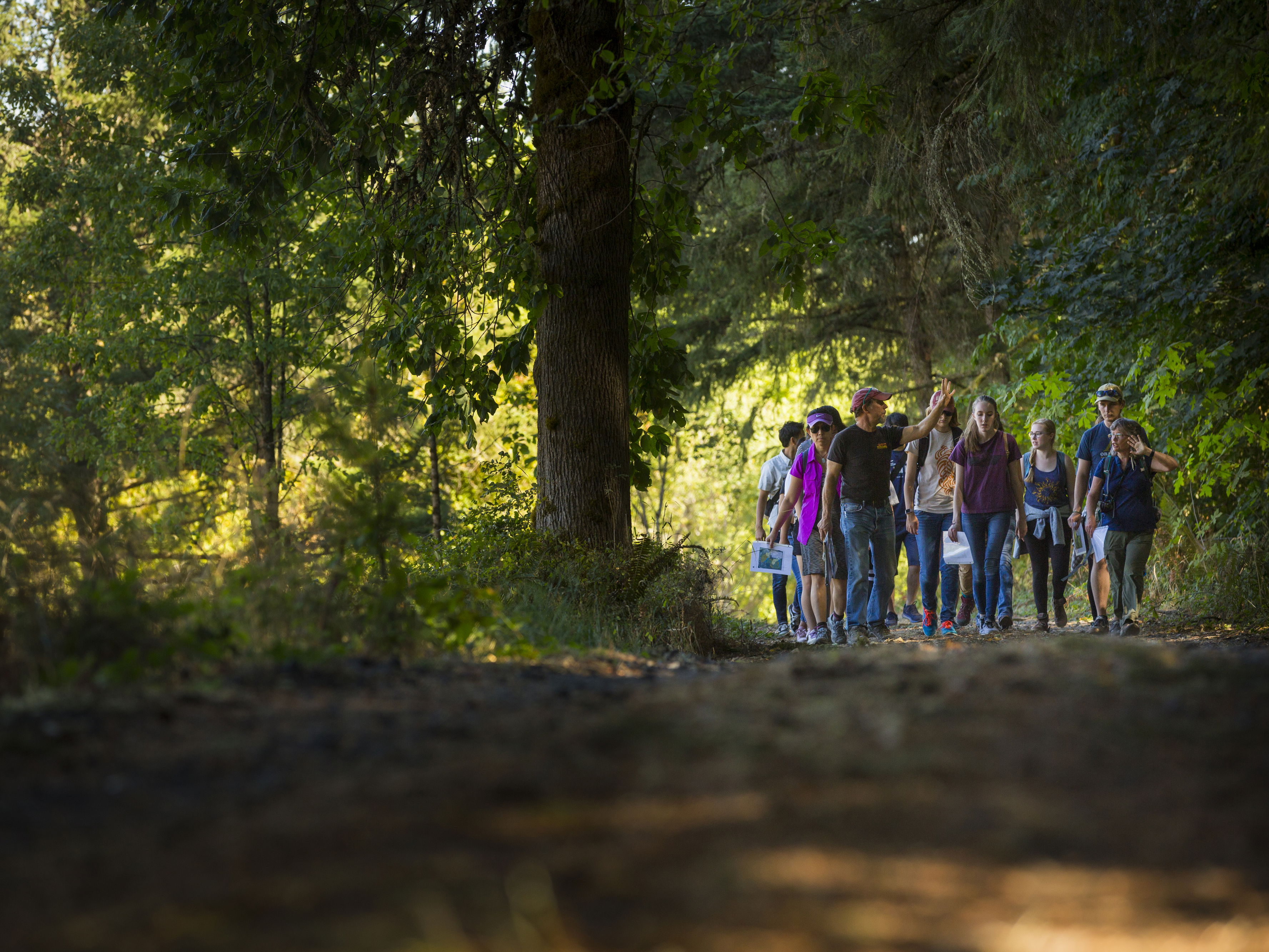 Students and families walking in Zena Forest