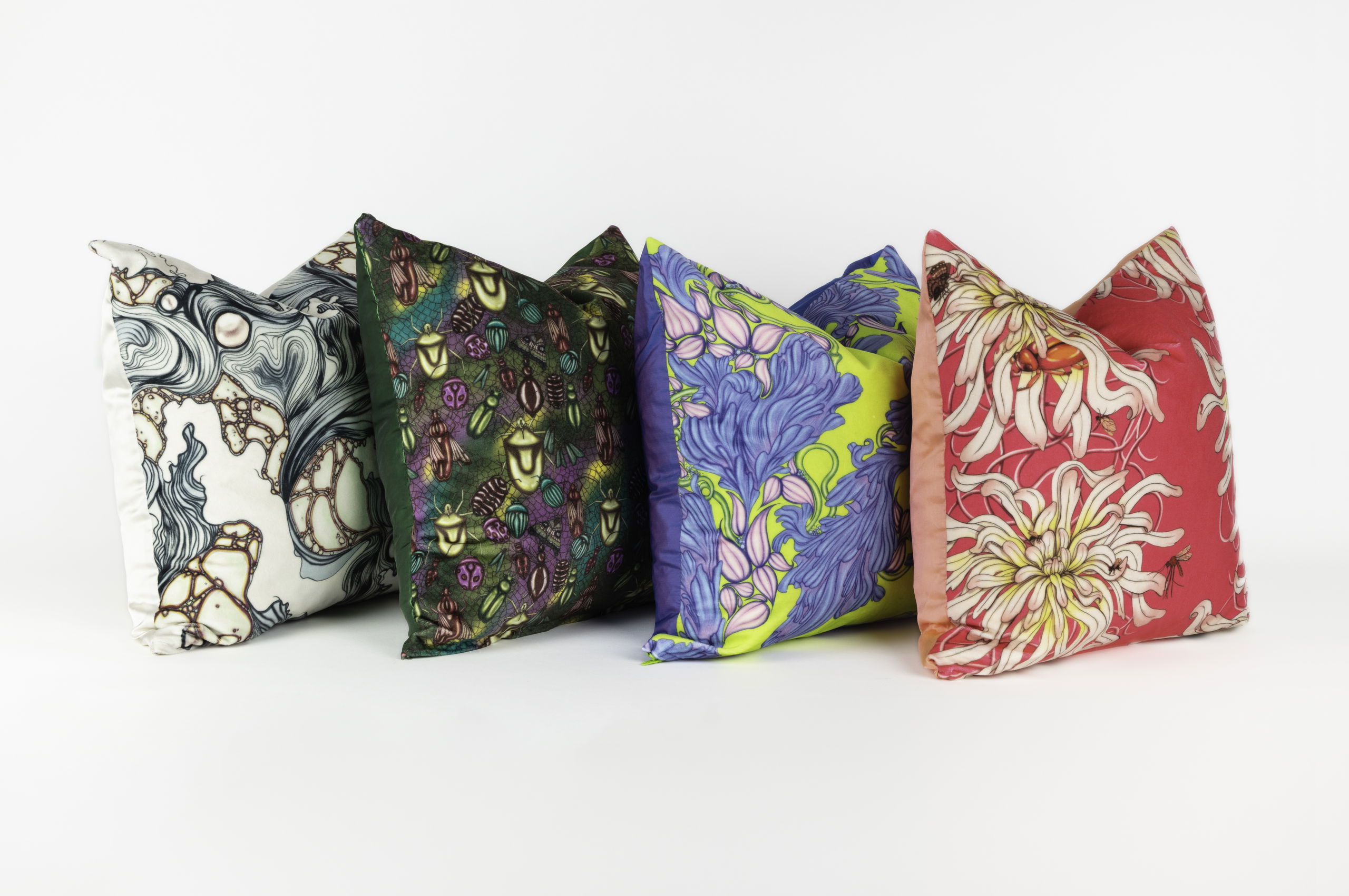 Pillows with custom floral illustration.