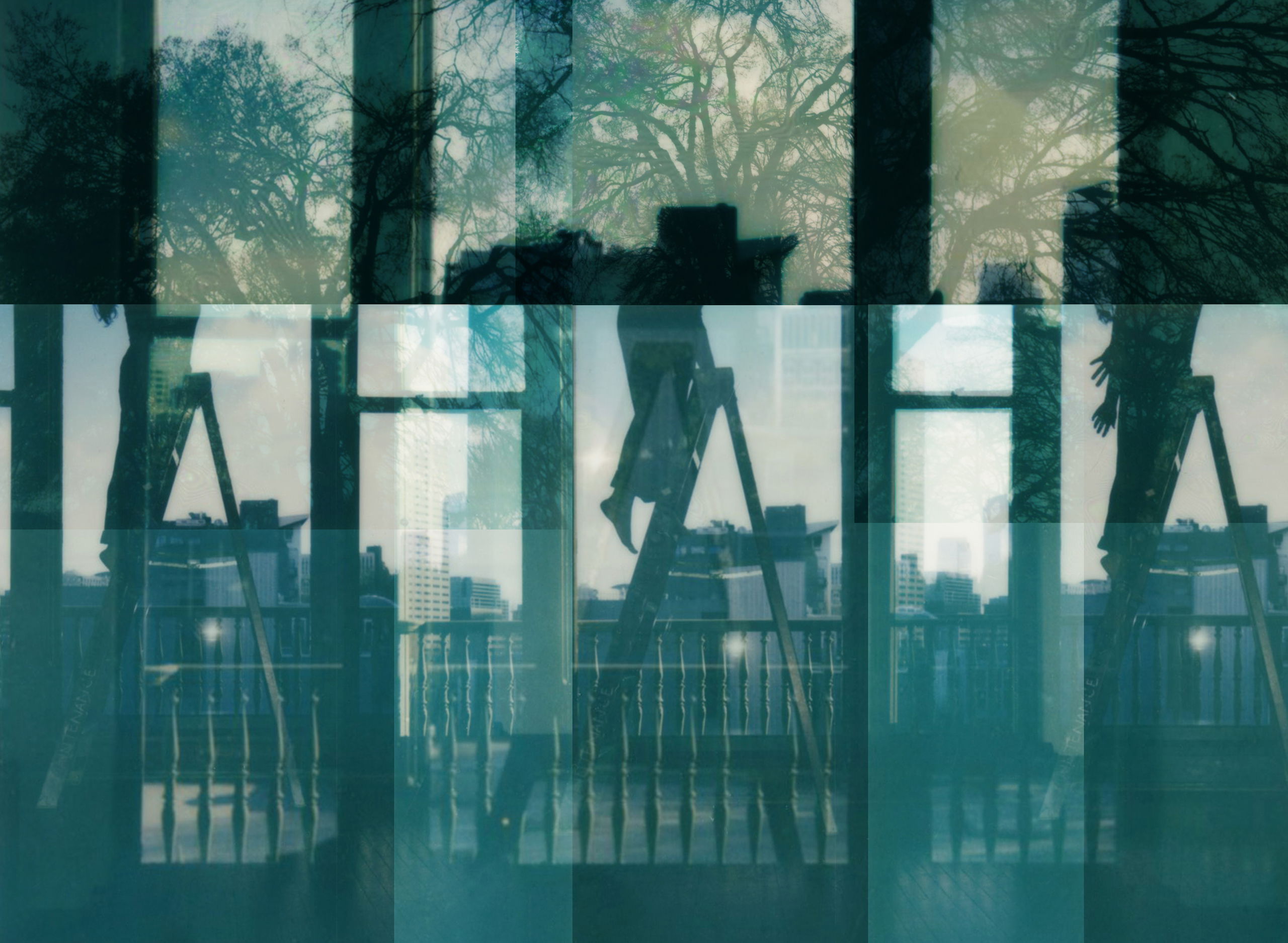 Photograph that is a double exposure in cool tones with three people on ladders. 